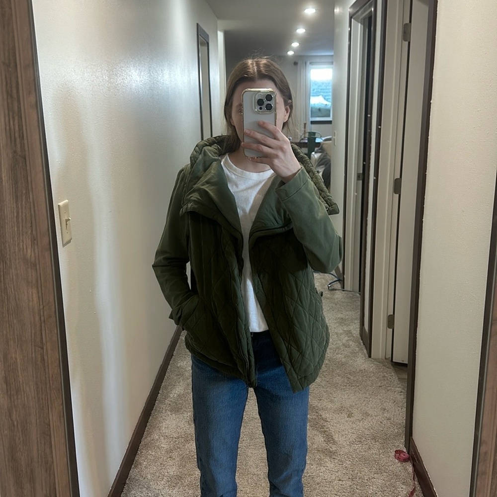 Green Puffer Jacket with Hood and Relaxed Fit